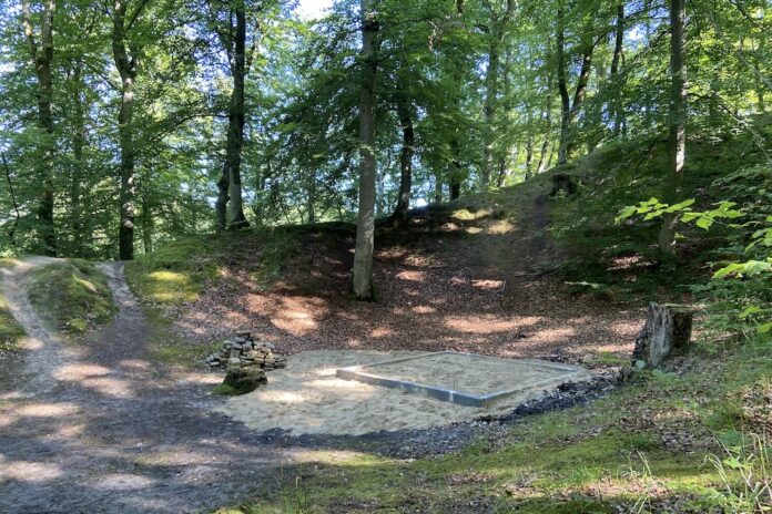 Nybyggeri under opførelse i Munkholmanlægget i Mariager omgivet af skov.