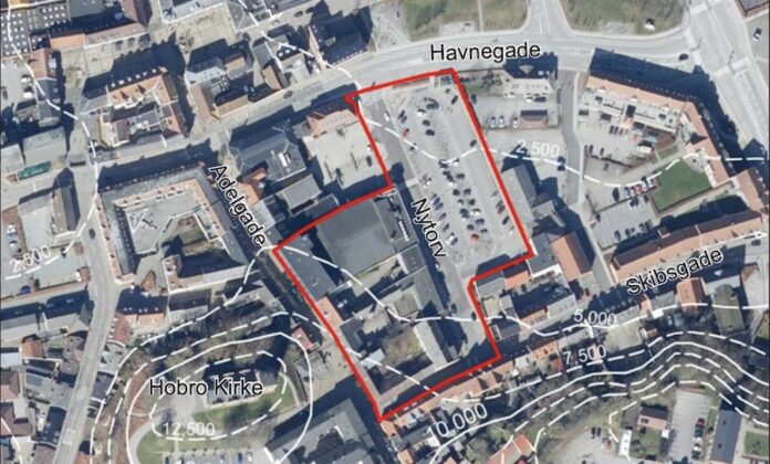 Visualisering af nyt byggeri med boliger og butikker ved Adelgade og Nytorv i Hobro.