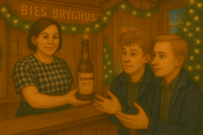 Bryg-Bitten bag baren på Bies Bryghus i Hobro omgivet af julelys og øl