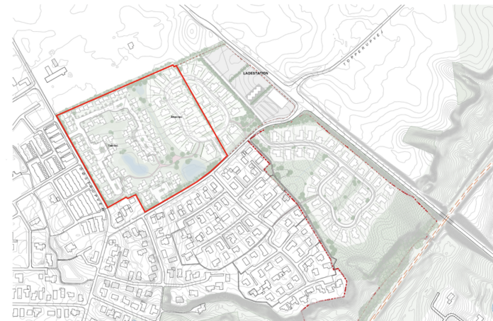 Skitse af nyt boligområde med rækkehuse og parcelhuse i Hørby ved Hobro