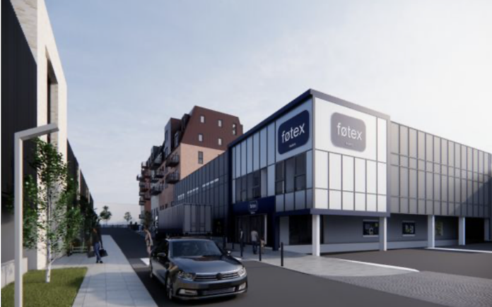 Visualisering af Haraldsgård-projektet i Hobro med nyt føtex-varehus, boliger og parkeringshus i bymidten.