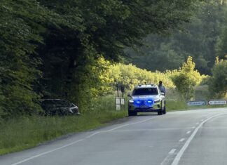 Dramatisk aften ved Arden: Politi satte hunde og drone ind Den forulykkede Audi og en politibil efter en biljagt nær Arden, hvor to mænd flygtede fra ulykkesstedet.