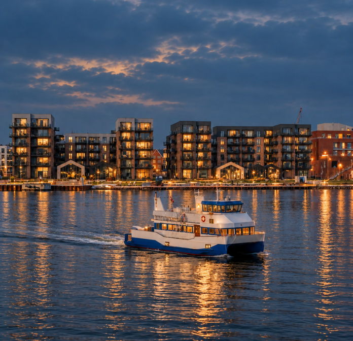 Juleskibet fra FjordTours sejler på Limfjorden i skumringen med Aalborgs oplyste havnefront i baggrunden.